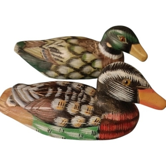 Handmade Other - Artistic Wooden Painted Duck Pair - Green, Brown, and Red